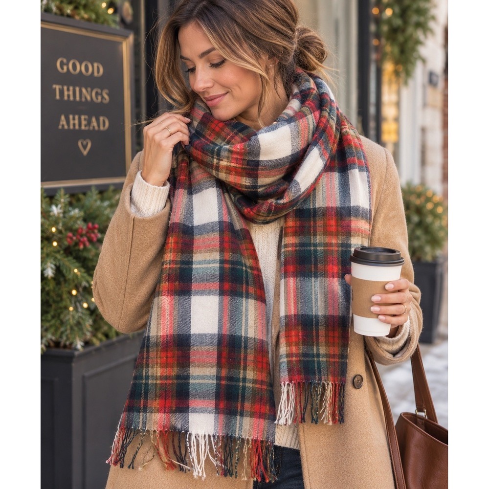 J.Crew Oversized Tartan Plaid Scarf Wrap Fringe Red Green Holiday Winter 80"
